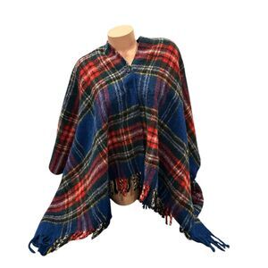 Vintage‎ Marshall Field Wool Blanket Poncho Cape Shawl Fringe Red Blue Plaid